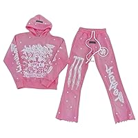 Hoodie Tracksuit Sets Hip Hop Hoodie Set Y2k Hoodie Loose Sweatwear Pullover Sweatshirt Women's and Men's Couple Matching Set (US, Alpha, X-Large, Regular, Regular, Pink)