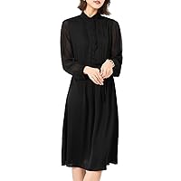 Women's Mulberry Silk V Neck Fungus Edge Stand Collar Mid Length Silk Flowy Party Stretch Dress