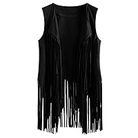 Tassels Cardigans for Women, Summer Casual Sleeveless Suede Ethnic Fringed Lapel Vest