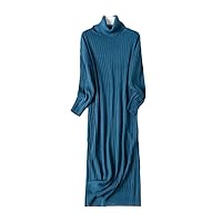 Women Winter Warm Long Knitted Sweater Dress, Long Sleeve Ribbed Midi Dress Turtleneck Loose Maxi Dress