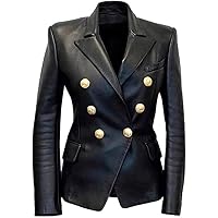 Kim Kardashean Slim Fit Double Breasted Black Leather Blazer Coat for Women’s