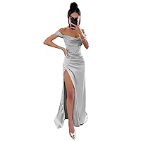 UZN Off Shoulder Satin Prom Dresses Long Cowl Neck with Slit Mermaid Formal Evening Party Gowns