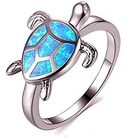 Sterling Silver Sea Turtle Ring With Created Blue Opal, Cute Rings For Women Attractive