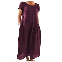 Cotton Linen Dress for Women Cotton Summer Casual Loose Midi Dress Short Sleeve Flowy Cotton Dress Wine Red 2XL