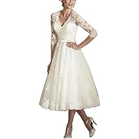 Women's V Neck Long Sleeves Tea Length Short Wedding Dress Bridal Gowns Dresses