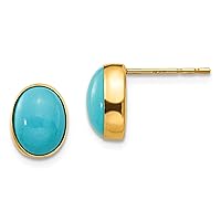 14K Real Yellow Gold Bezel Set Oval Turquoise Post Stud Earrings
