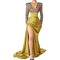 Sexy Olive Prom Dresses 2024 Deep V Neck Long Sleeve Sequin Satin Mermaid Long Ball Gowns for Women with Slit