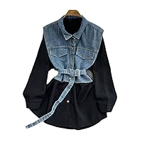 Lapel Contrast Color Denim Patchwork Long Sleeve Blouse Single-Breasted Lace Up Shirt Autumn Winter with Belt Black One Size