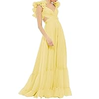 Lawrncedw Chiffon Ruffle Prom Dresses for Women V Neck Long Bridesmaid Dresses Backless Formal Evening Gowns A Line