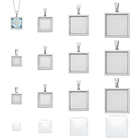 UNICRAFTALE 12 Sets 4 Sizes Stainless Steel DIY Blank Square Cabochon Settings Blank Dome Bezel Tray Charms with Glass Cabochons Blank Bezel Pendant Making Kit for Jewelry Making 10/15/20/25mm