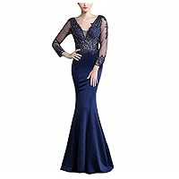Mordarli Women's Lace Applique Long Formal Evening Dresses Mermaid Prom Party Gown with 3/4 Sleeve
