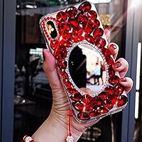 Sparkly Girly Phone Case for AT&T Motivate 2 with Glass Screen Protector [2 Pack],Diamonds Handmade Women Shockproof Protective Cover & Crystals Lanyard (Red Mirror)