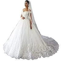 Lace Wedding Dresses for Women Royal Train Lace Up Long Sleeves Ball Gowns
