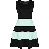 Oops Outlet Women's Sleeveless Colored Blocks Striped Panel Flared Skater Dress Plus Size (US 12/14) Black/Mint