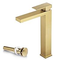 Lava Odoro Brushed Gold Vessel Sink Faucet, Tall Single Handle Bathroom Faucet Single Hole Brass Bowl Sink Faucet Vanity Faucet with Pop up Drain Assembly, BF307-SG-T