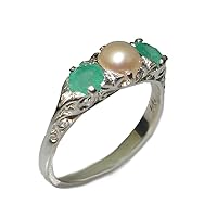 925 Sterling Silver Cultured Pearl and Emerald Womens Band Ring
