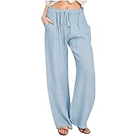 QIGUANG Womens Casual Solid Pants Cotton Linen Wide Leg Pants Drawstring Mid Waisted Loose Fit Beach Straight Leg Trousers