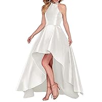 Women's High Neck Long Prom Dress Satin Backless Evening Party Dress White