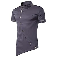 Mens Irregular Banded Collar Shirts Short Sleeve Muscle Embroidery Shirt Casual Button Down Slim Fit Dress Shirt