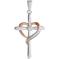 925 Sterling Silver 31x15.7mm Polished Diamond Religious Faith Cross Love Heart Pendant Necklace With Rose Go Jewelry for Women
