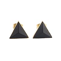 Guntaas Gems Triangle Shaped 10mm Black Onyx Gemstone Stud Earring Brass Gold Plated Tiny Push Back Earring For Her
