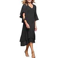 Two Pieces V Neck Tea Length Wedding Guest Dresses for Women Outfit Black A-Line Beaded Jacket Included Short Sleeve Formal Evening Party Dresses with Ruffles 12