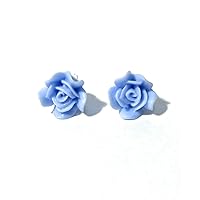 Hypoallergenic Rose 3d Stud Flower Earrings on Plastic Posts, 10mm Metal Free (Blue)