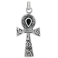 Sterling Silver Jet Stone Ankh Pendant for Women and Men Hieroglyph characters Teardrop Inlaid Oxidized finish 1 1/8 inch Tall