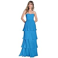 Blue Tiered Prom Dresses for Teens Ruffle Strapless Evening Gowns Chiffon Long Formal Dresses Size 2