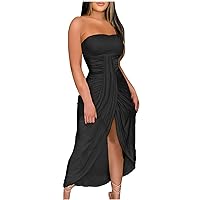 Women's Summer Dresses Fashion Temperament Sexy Solid Color Strapless Pleated Split Dress Dresses