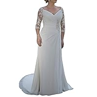 Chiffon Lace 3/4 Sleeves Beach Wedding Dress Long Formal Prom Evening Bridal Gowns