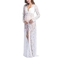 Maternity Photography Dress V Neck Lace Long Sleeve Maternity Maxi Dress for Pregnant Women White M Dresses