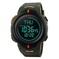Men’s Military Sports Digital Watch with Survival Compass 50M Waterproof Countdown 3 Alarm Stopwatch (C-Black) (Army Green)