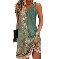 Womens Boho Dress Sleeveless V Neck Ethnic Print Ladies Summer Beach Vacation Sun Dresses