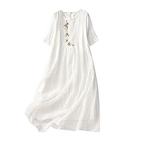 Embroidered Dress for Women Vintage Cotton Linen Dresses Summer Short Sleeve Round Neck Pleated Flowy Midi Sun Dress