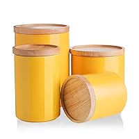 Kitchen Canisters Ceramic Food Storage Jar Set, Stackable Containers with Airtight Seal Wooden Lid for Serving Ground Coffee, Tea, Herbs, Grains, Sugar, Salt - Set of 4 (Yellow)