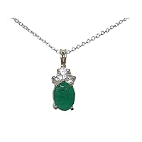 Solid 925 Sterling Silver Natural Emerald & Diamond Pendant & Chain (0.18 cttw, H-I Color, I2-I3 Clarity)