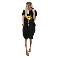 Women's Casual Dress Printed Crewneck Loose Fit Baggy Knee Length Short Sleeve Midi Shirt Dress Short Sleeve Summer Sundress Daily Wear Streetwear(2-Black,10) 0991
