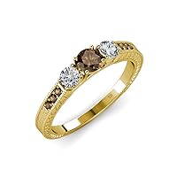 Round Smoky Quartz & Diamond 0.82 ctw Milgrain Womens Three Stone Engagement Ring with Smoky Quartz on Side Bar 14K Gold