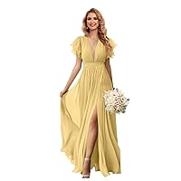 Long V Neck Bridesmaid Dresses with Slit 2024 A Line Chiffon Formal Evening Gowns with Ruffle Sleeves for Wedding