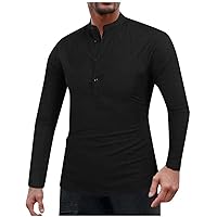 Soft Cotton Solid Mens Shirts Crewneck 4 Button Long Sleeve Tee Casual Lightweight Comfortable Summer Tops