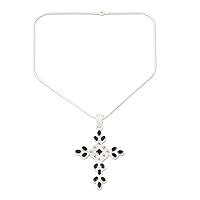 NOVICA Handmade Onyx Quartz Cross Necklace .925 Sterling Silver Jewelry Black Pendant India Birthstone 'Honesty'