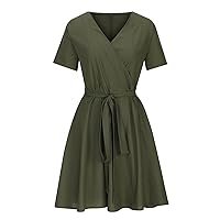 Bohemian Dress for Women Midi Women's Summer Cotton Linen Dresses with Pocket, 2024 Trendy Casual Dress Fashion Tie Waist Dresses Vacation Dress Vestidos De Verano para Army Green