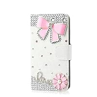 Crystal Wallet Phone Case Compatible with iPhone 13 - Bow - Pink - 3D Handmade Sparkly Glitter Bling Leather Cover with Screen Protector & Beaded Phone Lanyard