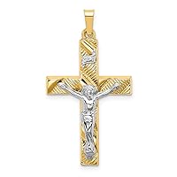 14 kt Two Tone Gold Hollow Polished Textured Latin Crucifix 33 x 18 mm