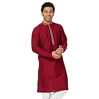 In-Sattva Men's Indian Embroidered Banded Collar and Placket Long Kurta Tunic