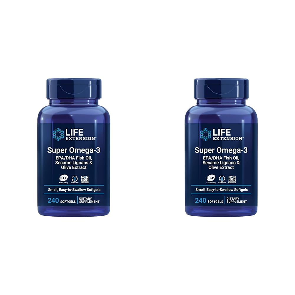 Life Extension Super Omega-3 EPA/DHA Fish Oil, Sesame Lignans & Olive Extract - Omega 3 Supplement - for Heart Health and Brain Support - Gluten Free, Non-GMO - 240 Easy-to-Swallow Softgels
