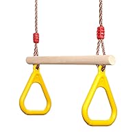 PELLOR Playground Children's Wooden Trapeze Swing Bar with Plastic Gym Rings Swing Set for Indoor & Outdoor Fun