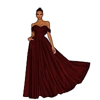 Off The Shoulder Satin Prom Dresses for Women Long Pleated A-line Formal Evening Party Gown with Bow