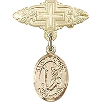 Baby Badge with St. Dominic de Guzman Charm and Badge Pin with Cross | 14K Gold Baby Badge with St. Dominic de Guzman Charm and Badge Pin with Cross - Made In USA